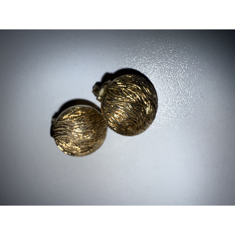 Vintage Monet Signed Textured Gold Tone Domed Clip On Earrings Zebra Brushed